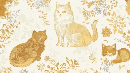 Elegant Cat Illustrations with Floral Patterns for Home Decor