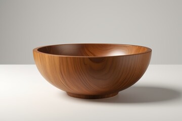 there is a wooden bowl sitting on a table with a gray background