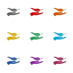 Lightweight Feather on Hand icon isolated on white background. Set icons colorful