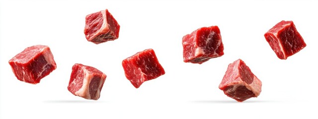 Falling meat cubes isolated on a white background, showcasing fresh ingredients for culinary creations.