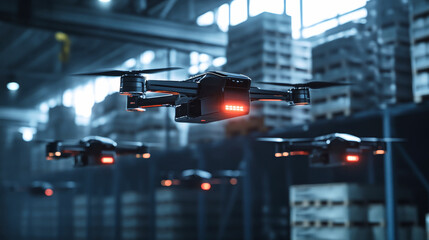 Innovative drones navigate a smart warehouse with advanced logistics for efficient operations
