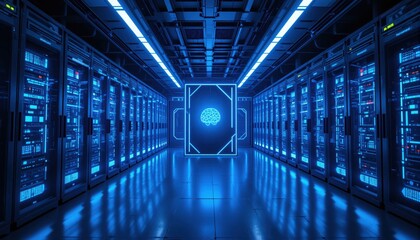 Rows of high-tech server racks illuminated in blue light create a futuristic environment, with a glowing brain symbol at the center representing advanced artificial intelligence and data management