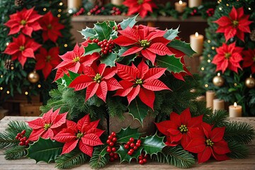 Vibrant Red Poinsettias Lush Holly and Berry Decor for Joyful Holiday Celebrations