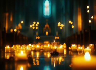Serene night in a candlelit church, creating a warm and peaceful atmosphere for reflection and prayer.