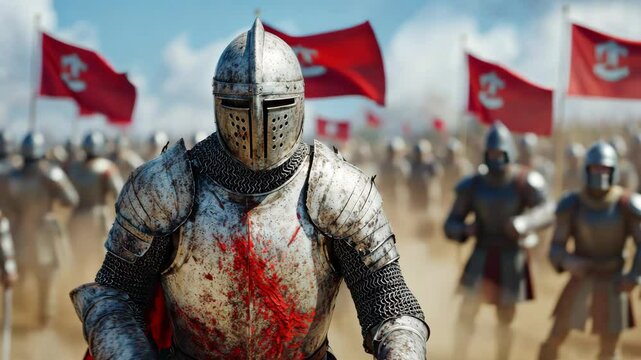 Medieval army charging in battle with knight leading the charge
