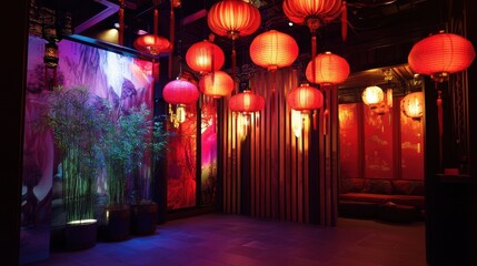 Obraz premium Vibrant Asian-Inspired Interior with Hanging Red Lanterns and Decor