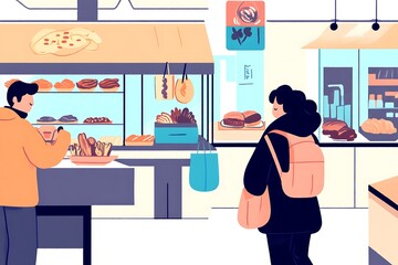 Two Customers Browsing Pastries and Breads at a Modern Bakery