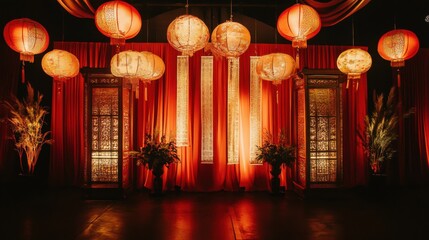 Festive Asian Lanterns and Decorations in Warm Red and Gold Hues
