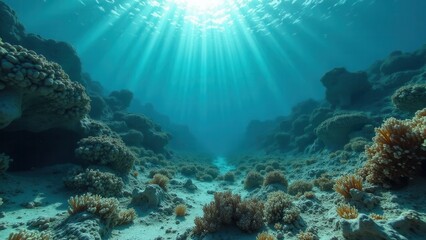 Fototapeta premium Underwater coral reef affected by coral bleaching with sunlight filtering in 