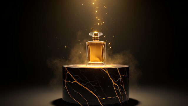 Ein luxuri&ouml;ser Sockel aus schwarzem Marmor mit goldenen Adern und einem opulenten Parf&uuml;mflakon, umgeben von sanftem goldenem Licht.KI Generated