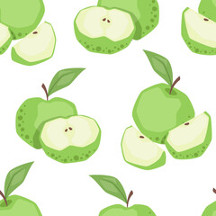 Vector seamless pattern with green apple fruit on white background