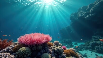 Naklejka premium Colorful coral reef underwater with fish swimming and sunlight filtering in 