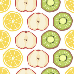 Vector seamless pattern with lemon, apple and kiwi fruit on white background
