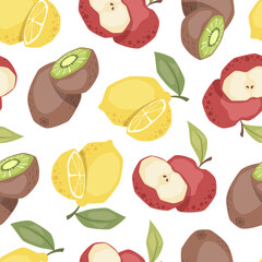 Vector seamless pattern with lemon, apple and kiwi fruit on white background