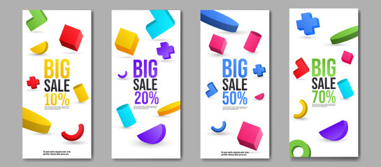 Modern abstract sale flyers with geometric 3d shapes. Perfect for promotions, discounts, shopping ads, and marketing. Vector template, fully editable for commercial use.