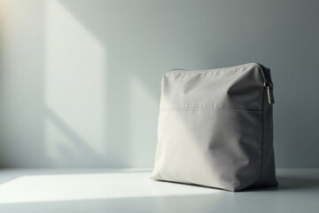 A Simple Grey Fabric Pouch Sits on a Table in Soft Sunlight