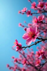 Colorful bloom on branches against clear blue sky, blossom, maroon, nature
