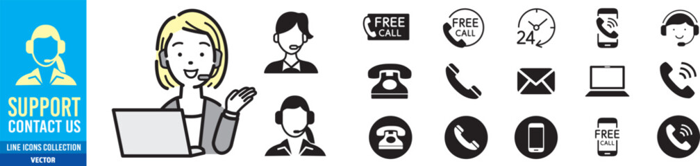 コールセンターの女性とフリーダイヤル アイコン