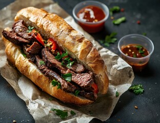 Decadent French-style beef tenderloin sandwich with savory beef jerky and succulent tender meat.
