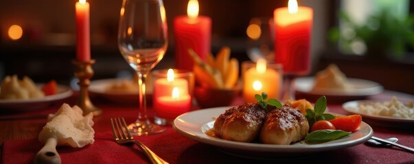 Naklejka premium Comida para presentar en una mesa con velas y candelabros, comida, candelabros, toallas