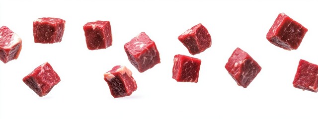 Falling meat cubes isolated on a white background, showcasing fresh, succulent cuts in mid-air.