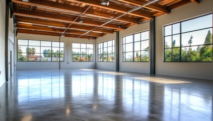 Modern warehouse space, polished concrete floor, large windows, suburban view, rental