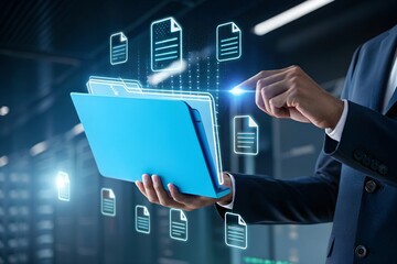 Document management system DMS in business. Digital file archive storage technology. Businessman touching file icon on many folders.