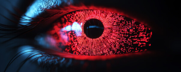 Close-up of futuristic red-eye with abstract digital elements suggesting technology or cyber themes.