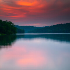 Obraz premium Serene Twilight Waterscape with Trees and Scenic Horizon