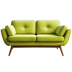 Fototapeta premium Neon green mid-century modern sofa with sleek wooden legs isolated on white