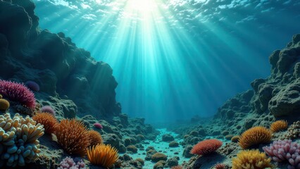 Obraz premium Underwater coral reef canyon with sunlight rays and diverse marine life 