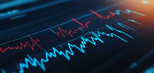 Fototapeta premium Dynamic digital data chart with red and blue lines on futuristic dark screen, real-time analytics.
