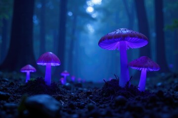 Dark, misty forest with glowing purple-blue fungi, soft light, mystical