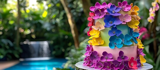 Beautiful three tiered cake adorned with colorful sugar flowers
