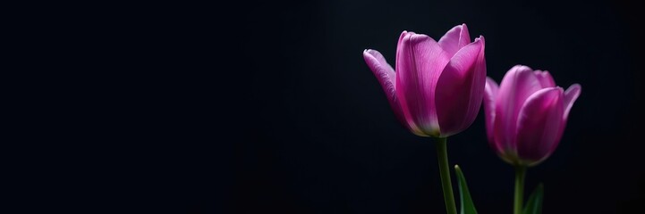 Fototapeta premium Delicate purple tulip blooms against dark black background, wild, dark, tulip