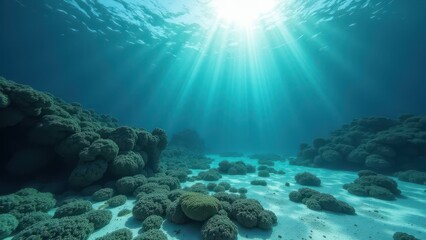 Fototapeta premium Sunlight filtering through clear ocean water illuminating sandy seabed 
