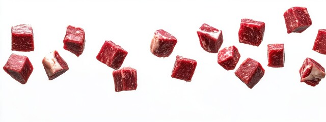 Falling meat cubes isolated on a white background, showcasing fresh ingredients for culinary creations.