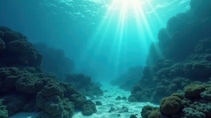 Fototapeta premium Sunlight filtering through clear ocean water illuminating sandy seabed 