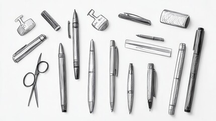 Sketch of Various Writing Tools and Office Supplies on a Table