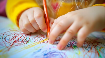 A close-up of a child's chubby hands tapping on a touchscreen tablet, exploring a drawing app.