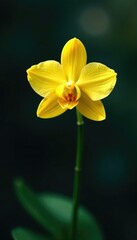Fototapeta premium Delicate yellow orchid blooms in the darkness, solitary bloom, delicate petals