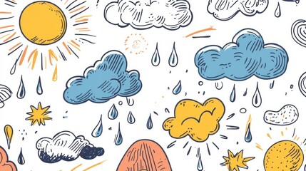 Hand-drawn Weather Elements with Sunshine, Clouds, and Raindrops