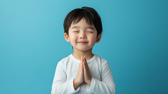 A cute Asian child with Mongoloid facial features meditating against a solid-colored background.