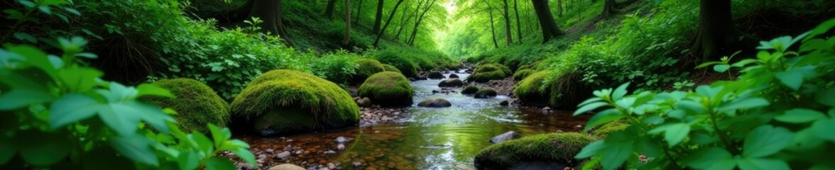 Dense foliage surrounds a serene forest stream, forest floor, environment, nature