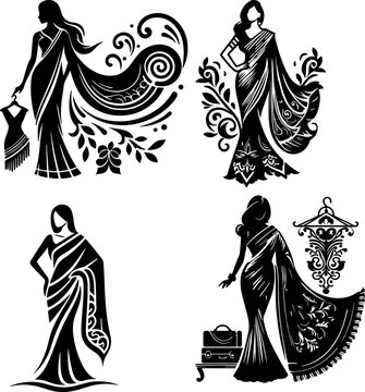 Fashion saree logo design with women figure template or clothing logo design illustration, Generative Ai.
