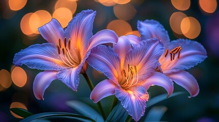 Fototapeta premium Close-up of blooming lilies with bokeh lights in background, for nature, decor, or design