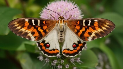 Naklejka premium Colorful Macroglossum stellatarum butterfly with orange, black, and white wings perched on a pink flower surrounded by green foliage.