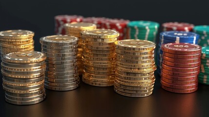 Stacks of gold and silver casino chips on a black surface. Gambling, high stakes, wealth, risk, gaming industry, luxury, betting, money, entertainment, financial success, poker night. Generative AI
