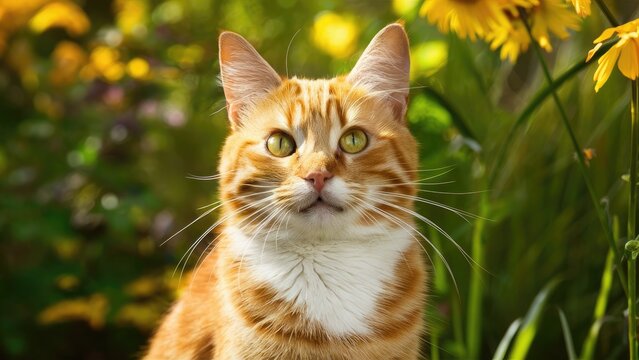Gleeful orange tabby cat with striking green eyes in a lush garden background filled with bright yellow flowers under soft natural sunlight