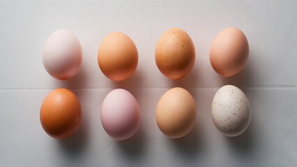 Variety of eggs in shades of brown, pink, and white arranged symmetrically on a clean white backdrop, showcasing natural textures and colors.